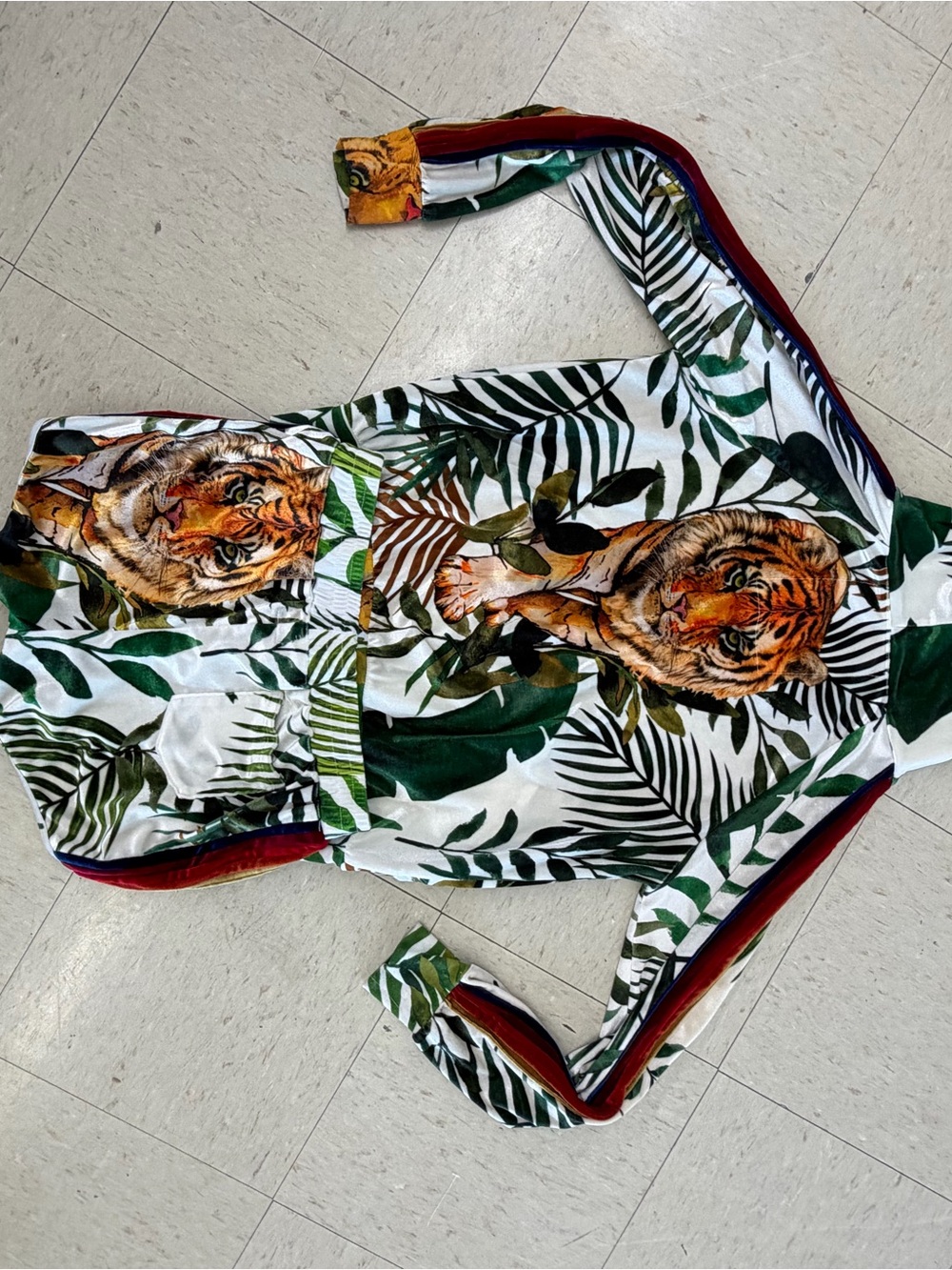 Aviator Nation White Tropical Tiger Print Hoodie Romper with Green Leaves - Picture 9 of 9